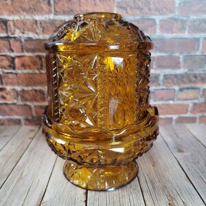 Vintage Indiana Glass Amber Stars & Bars Fairy Lamp